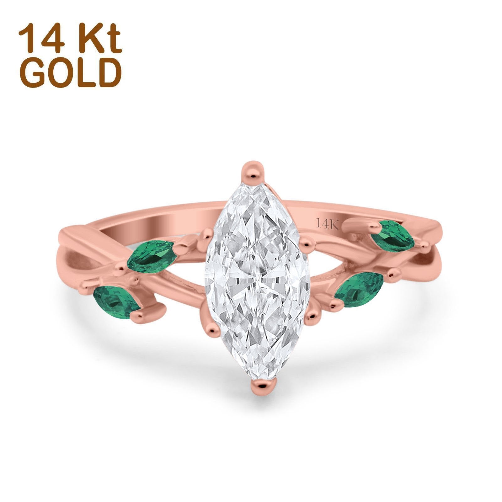 14K Rose Gold Infinity Twist Green Simulated Emerald Marquise Art Deco Engagement Wedding Bridal Ring Simulated CZ Size-7