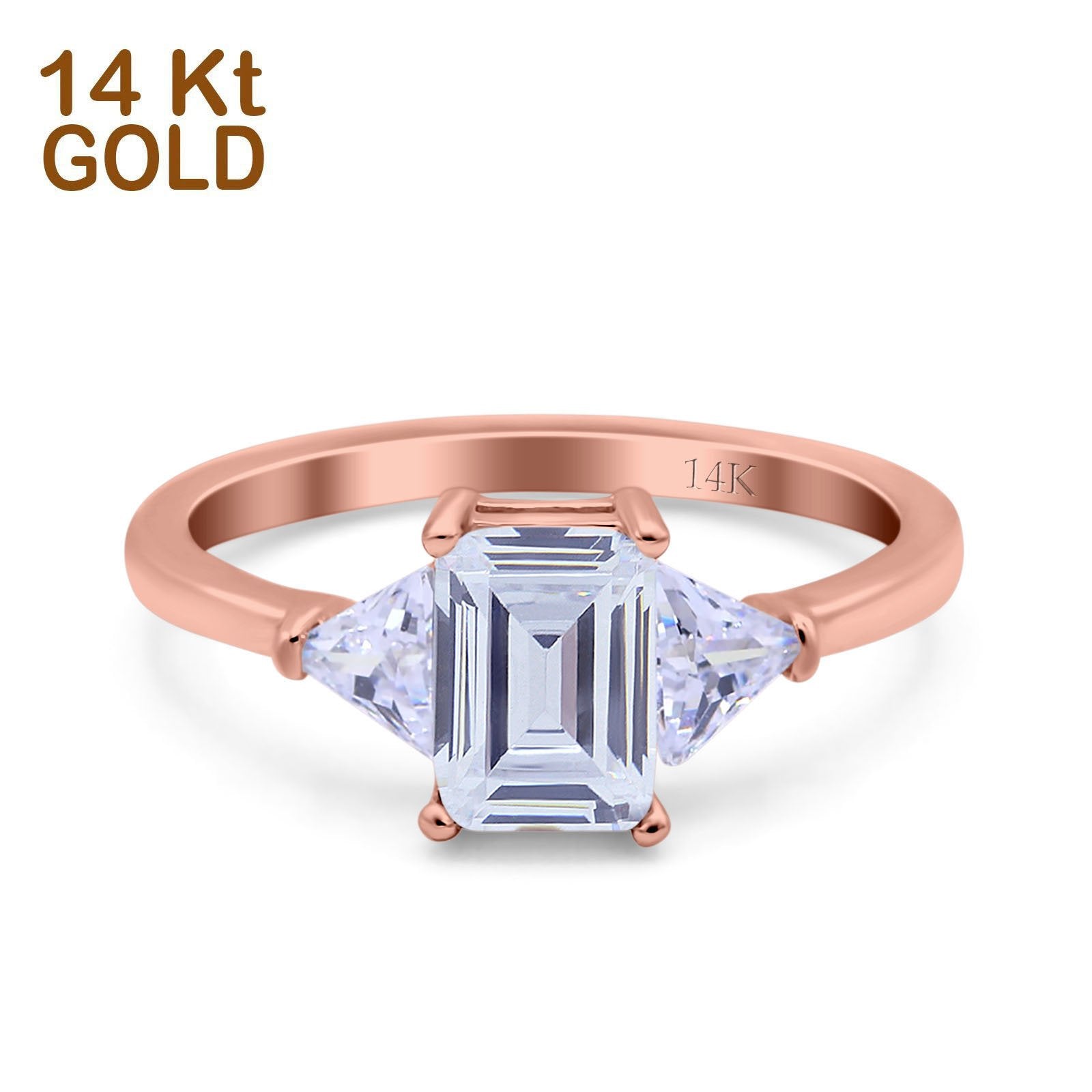 14K Rose Gold Emerald Cut Art Deco Engagement Ring Simulated Cubic Zirconia Size-7