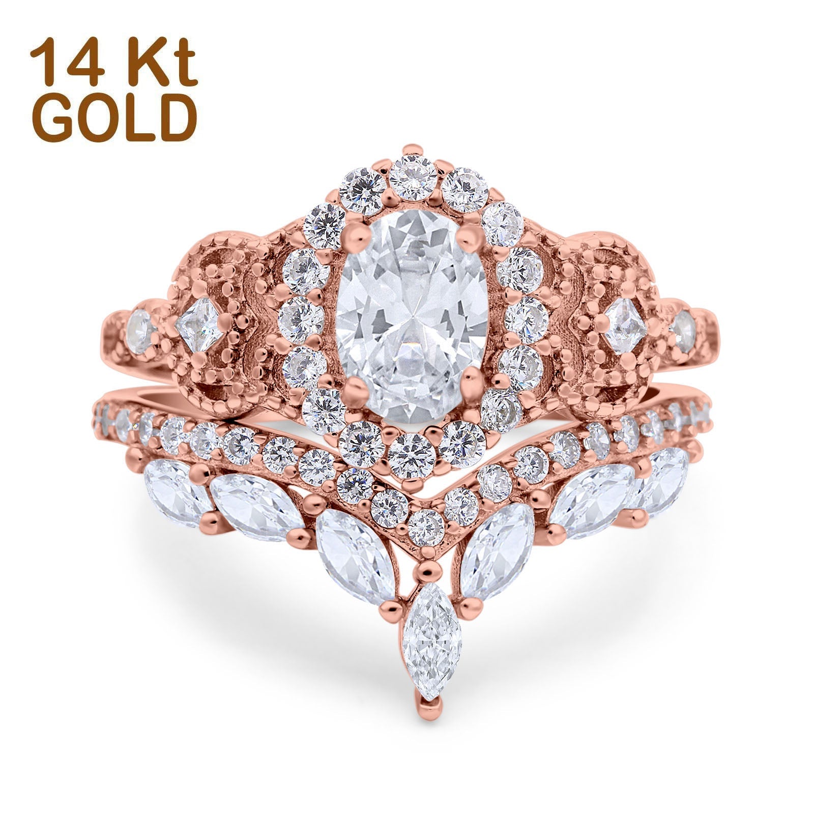 14K Rose Gold Wedding Band Bridal Ring Oval Accent Vintage Simulated Cubic Zirconia Size-7