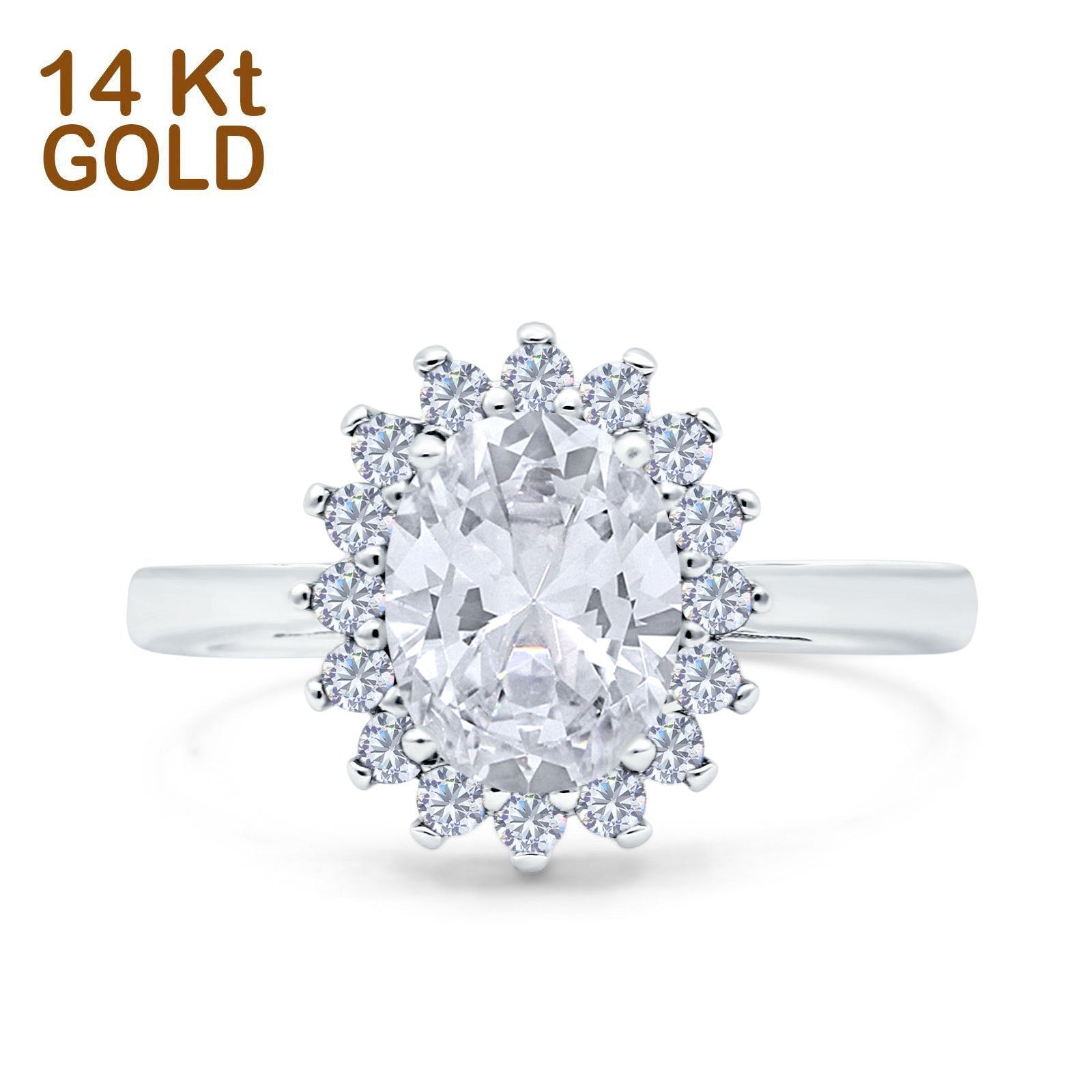 14K White Gold Halo Art Deco Oval Wedding Ring Simulated Cubic Zirconia Size-7