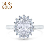 14K White Gold Halo Art Deco Oval Wedding Ring Simulated Cubic Zirconia Size-7