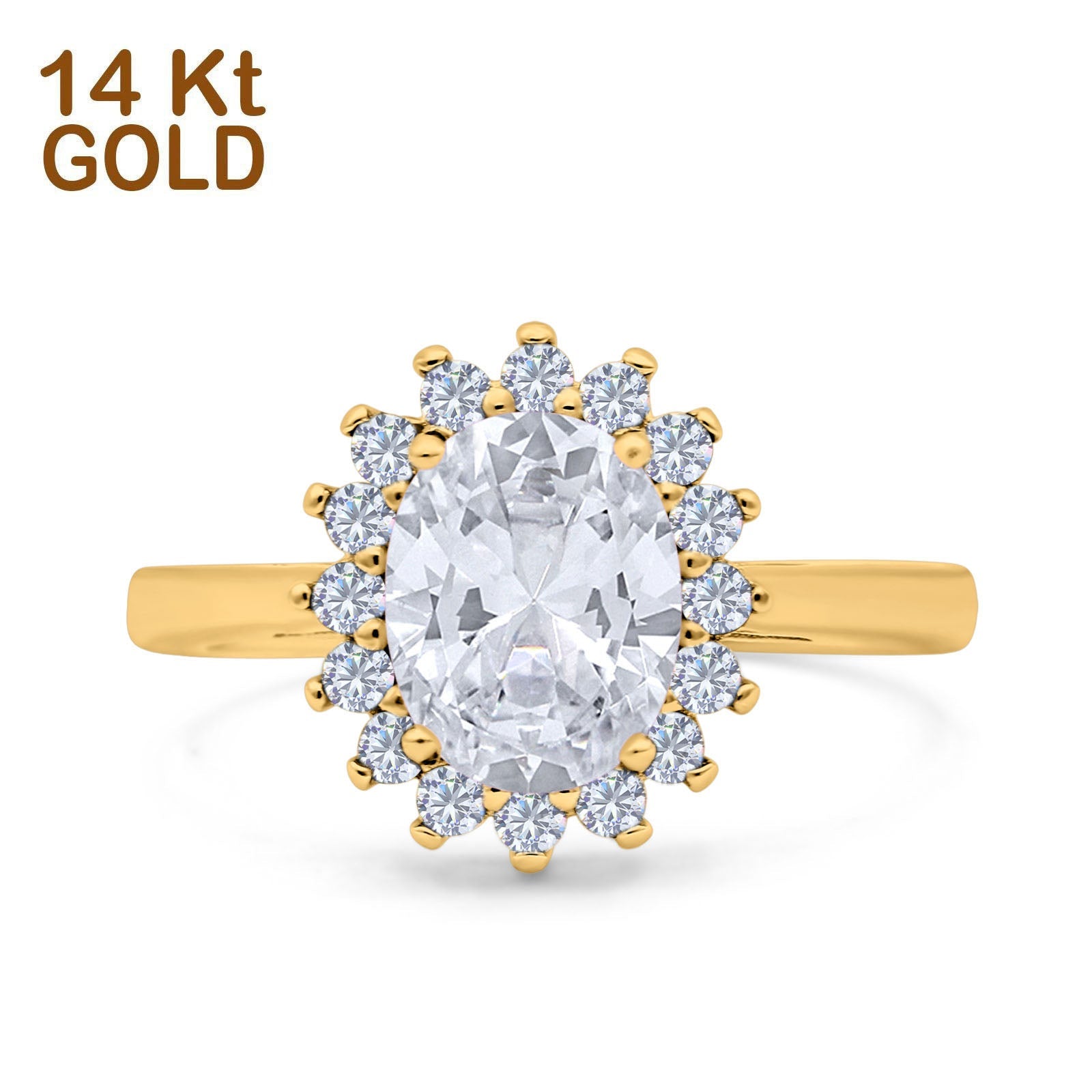 14K Yellow Gold Halo Art Deco Oval Wedding Ring Simulated Cubic Zirconia Size-7