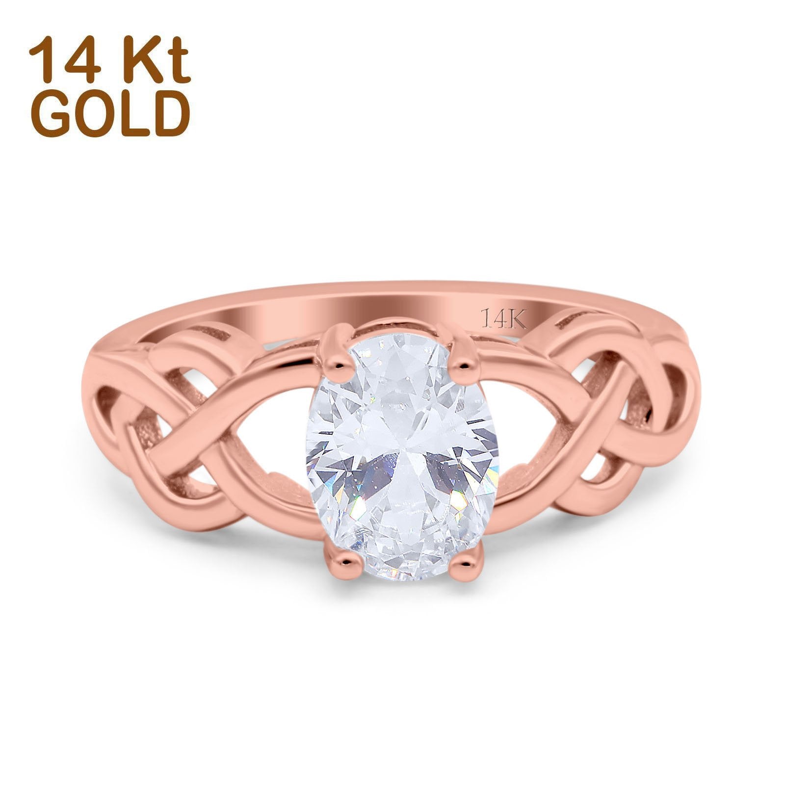 14K Rose Gold Oval Solitaire Celtic Wedding Engagement Ring Vintage Simulated Cubic Zirconia Size-7