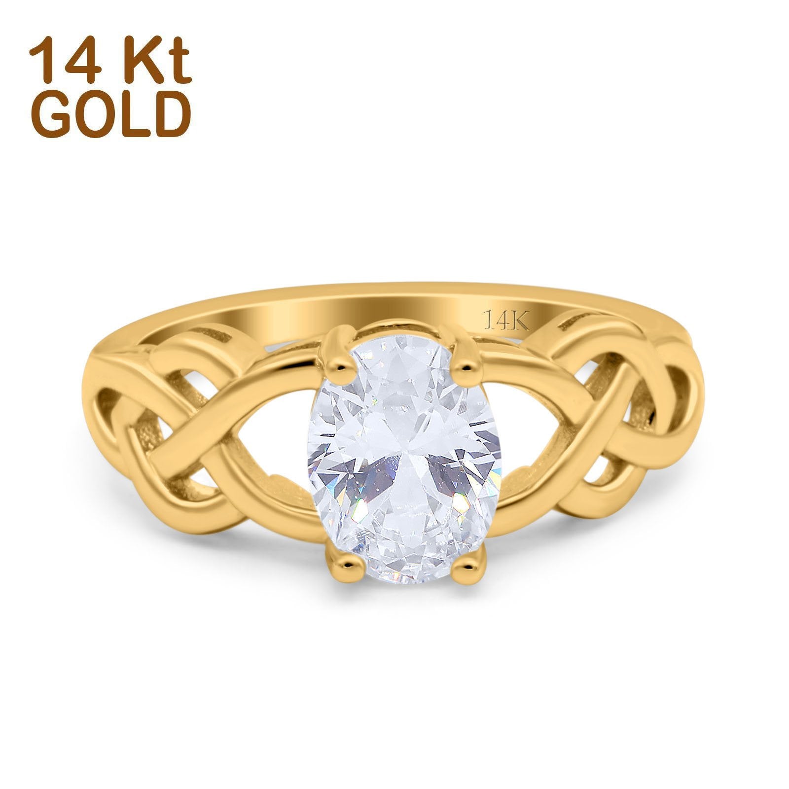 14K Yellow Gold Oval Solitaire Celtic Wedding Engagement Ring Vintage Simulated Cubic Zirconia