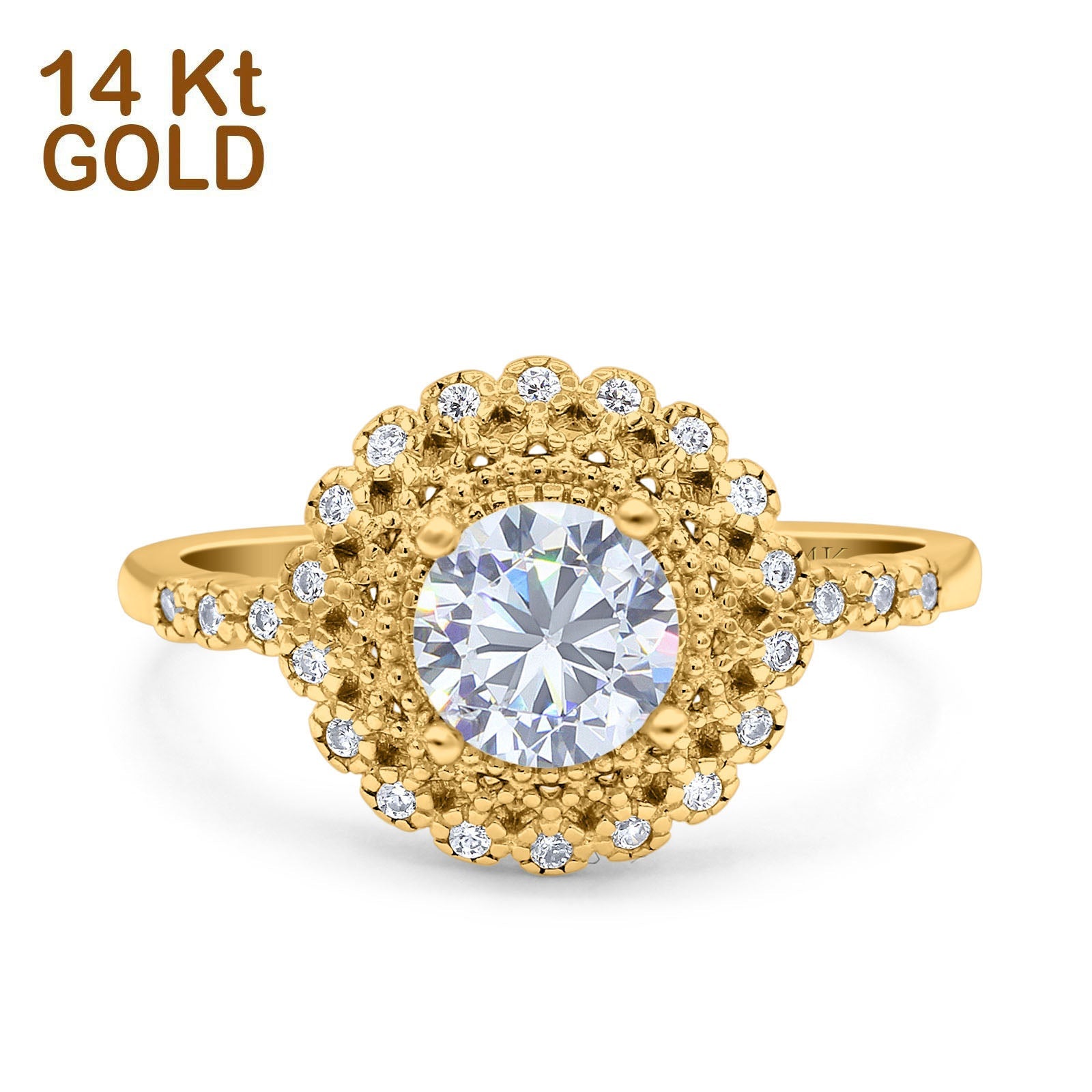 14K Yellow Gold Halo Art Deco Round Bridal Wedding Engagement Ring Simulated CZ Size-7