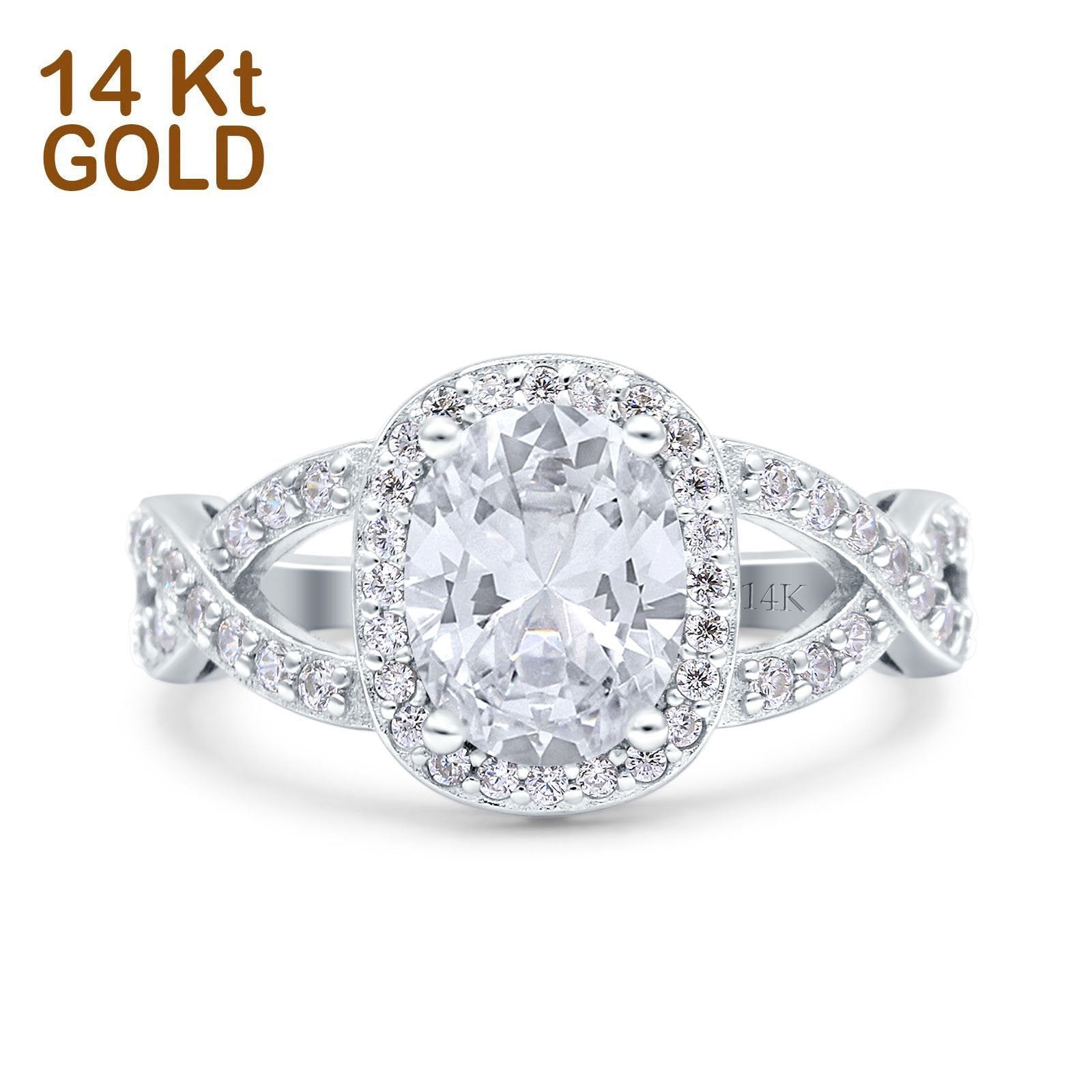 14K White Gold Infinity Twisted Shank Art Deco Oval Wedding Ring Simulated Cubic Zirconia Size-7