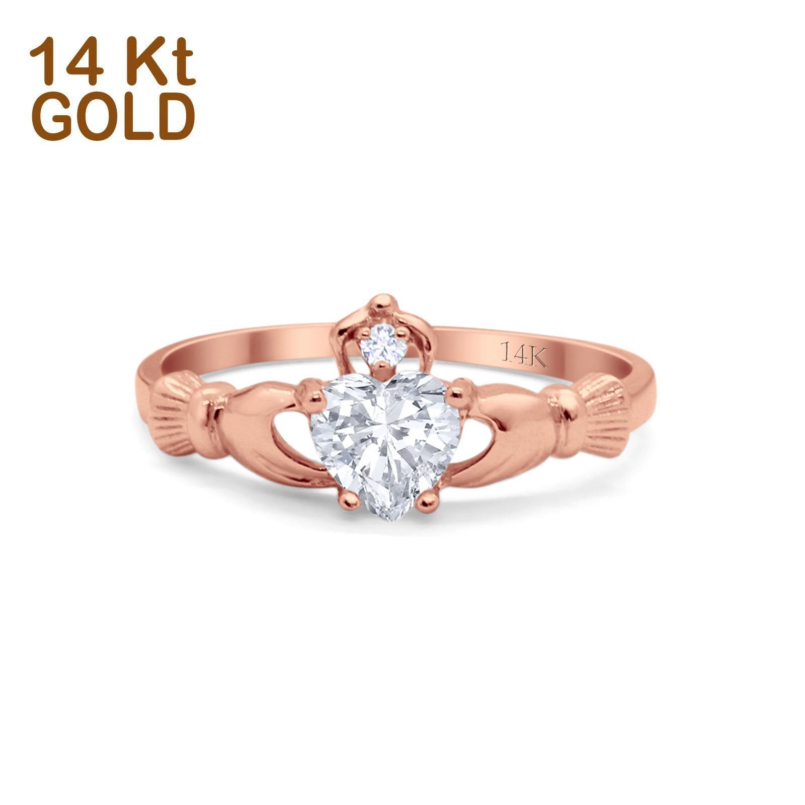 14K Rose Gold Irish Claddagh Heart Promise Ring Wedding Engagement Ring Round Simulated Cubic Zirconia Size-7