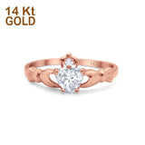 14K Rose Gold Irish Claddagh Heart Promise Ring Wedding Engagement Ring Round Simulated Cubic Zirconia Size-7