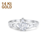14K White Gold Irish Claddagh Heart Promise Ring Wedding Engagement Ring Round Simulated Cubic Zirconia