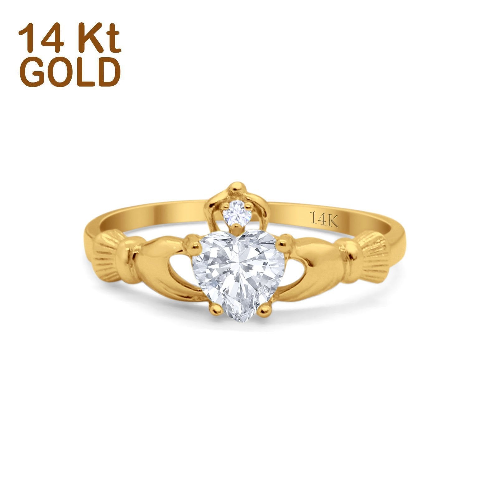 14K Yellow Gold Irish Claddagh Heart Promise Ring Wedding Engagement Ring Round Simulated Cubic Zirconia