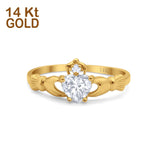 14K Yellow Gold Irish Claddagh Heart Promise Ring Wedding Engagement Ring Round Simulated Cubic Zirconia