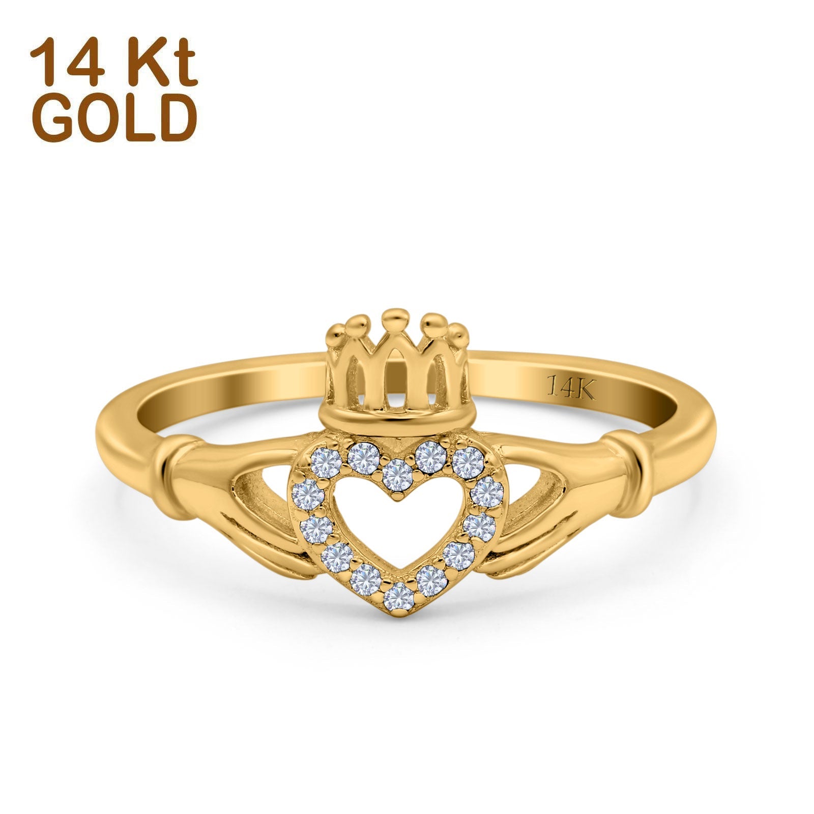 14K Yellow Gold Heart Claddagh Art Deco Wedding Ring Simulated Cubic Zirconia