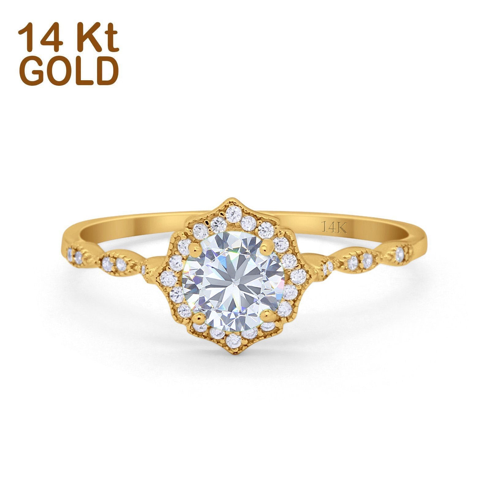 14K Yellow Gold Round Petite Dainty Bridal Wedding Engagement Ring Simulated CZ Size-7