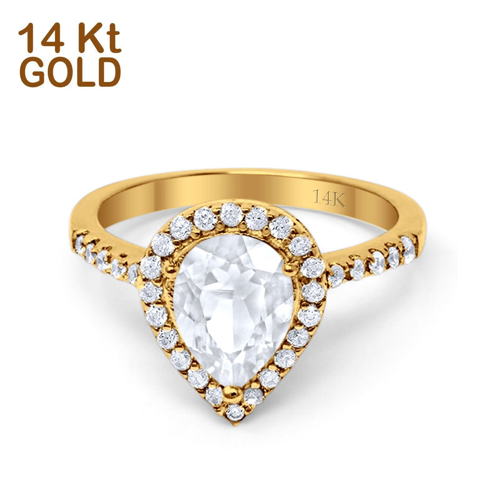 14K Yellow Gold Halo Teardrop Bridal Filigree Ring Simulated Cubic Zirconia