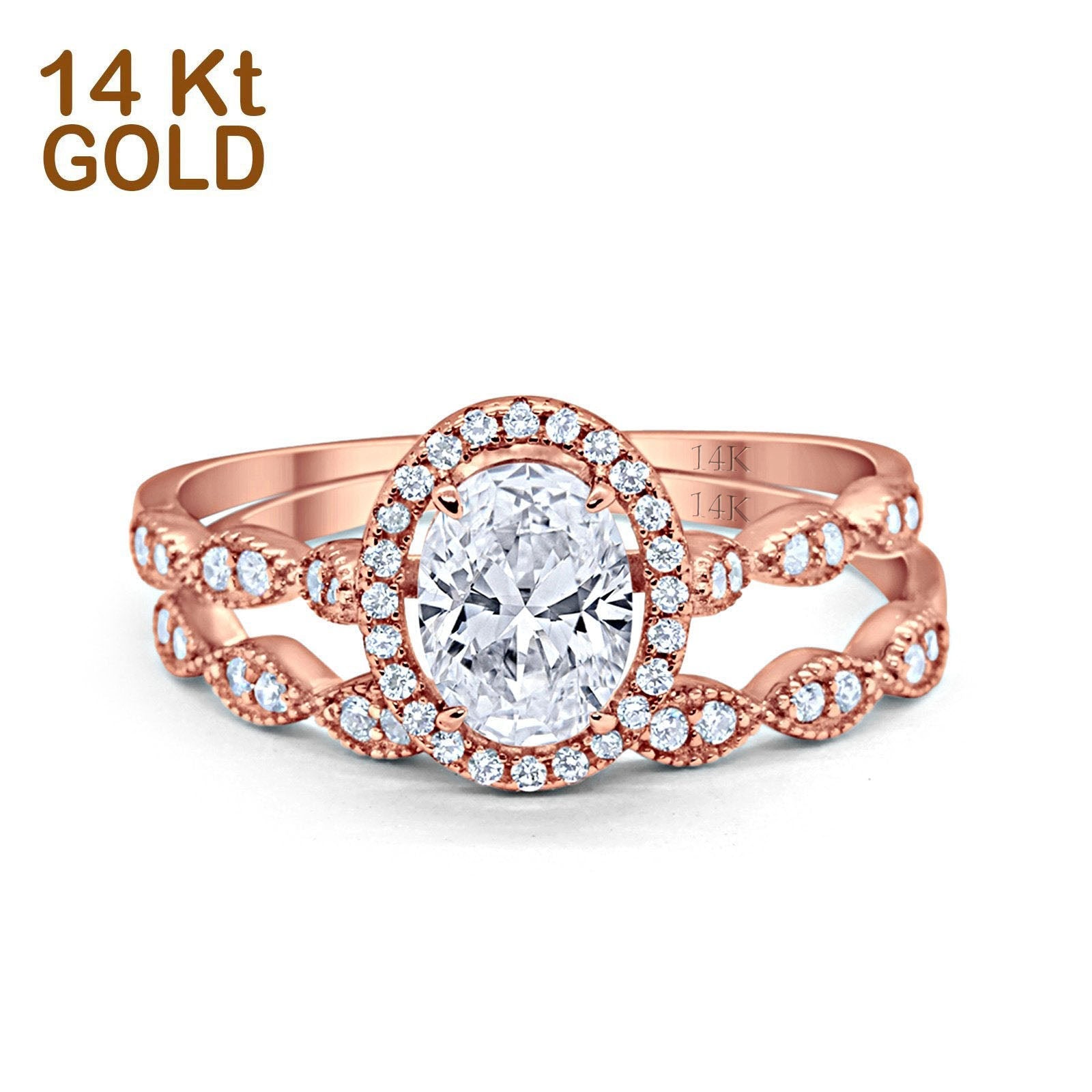 14K Rose Gold Halo Bridal Set Piece Oval Engagement Wedding Ring Simulated CZ Size-7