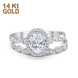 14K White Gold Halo Bridal Set Piece Oval Engagement Wedding Ring Simulated CZ Size-7
