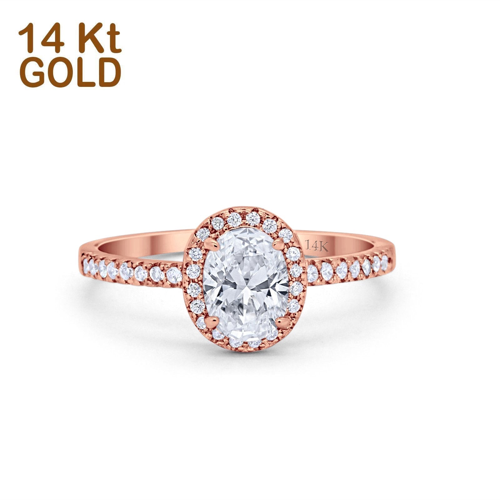 14K Rose Gold Halo Engagement Ring Oval Round Simulated Cubic Zirconia Size-7