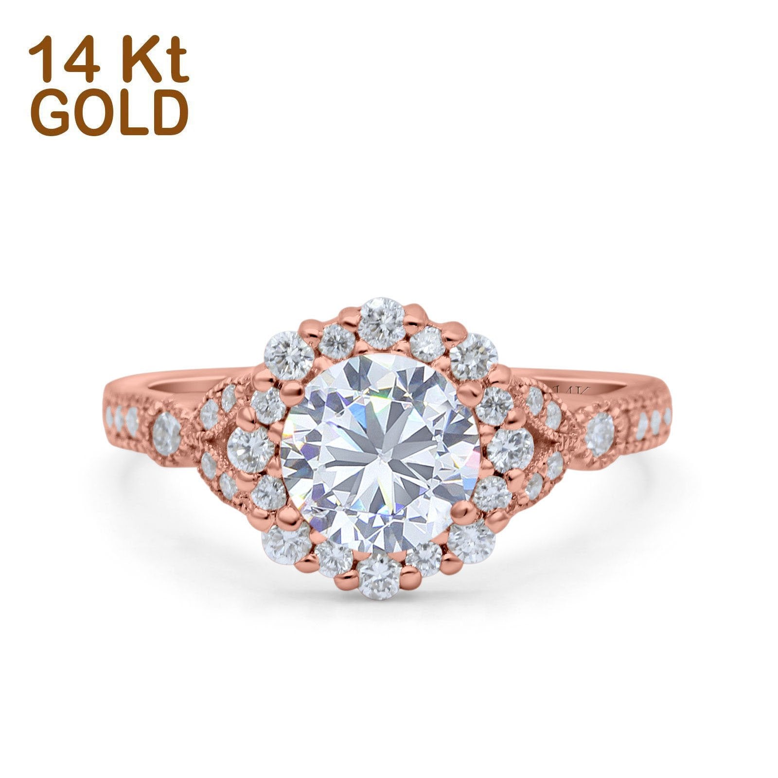 14K Rose Gold Floral Art Deco Engagement Ring Simulated Cubic Zirconia Size-7