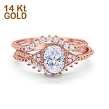 14K Rose Gold Three Piece Art Deco Bridal Set Band Oval Engagement Wedding Ring Simulated CZ Size-7