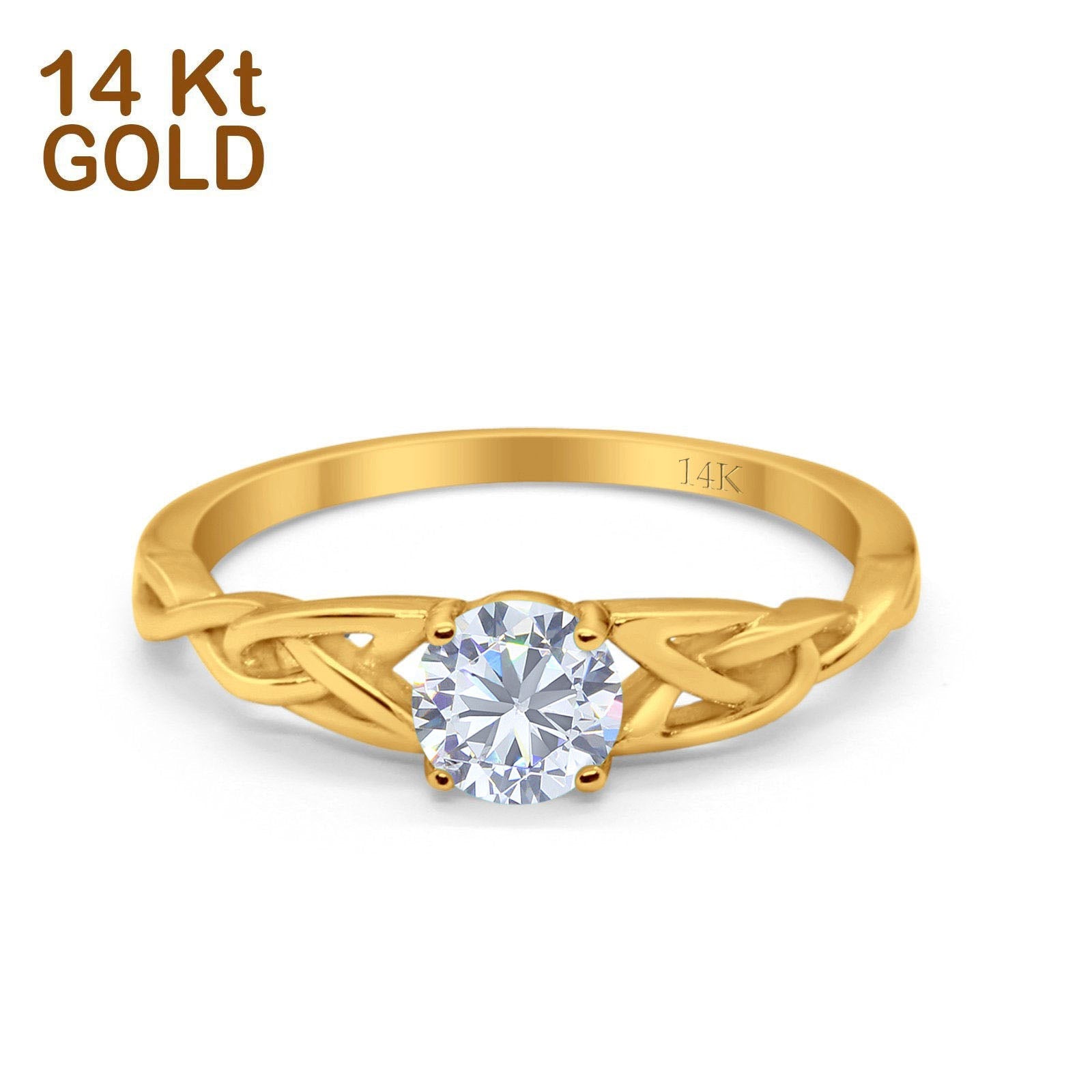 14K Yellow Gold Round Solitaire Trinity Bridal Simulated CZ Wedding Engagement Ring