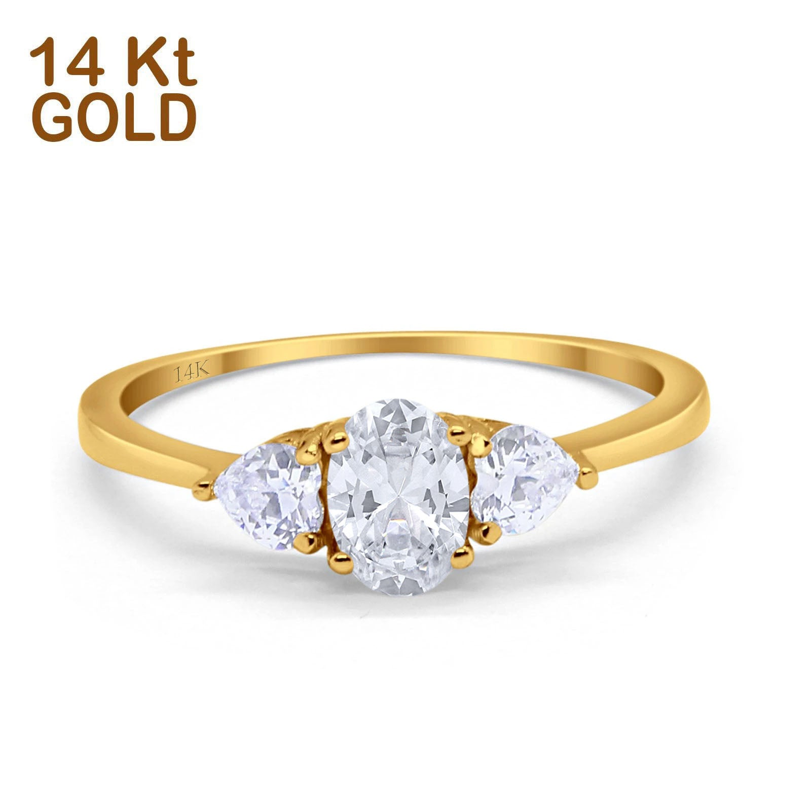 14K Yellow Gold Three Stone Fashion Promise Ring Oval Simulated Cubic Zirconia Size-7