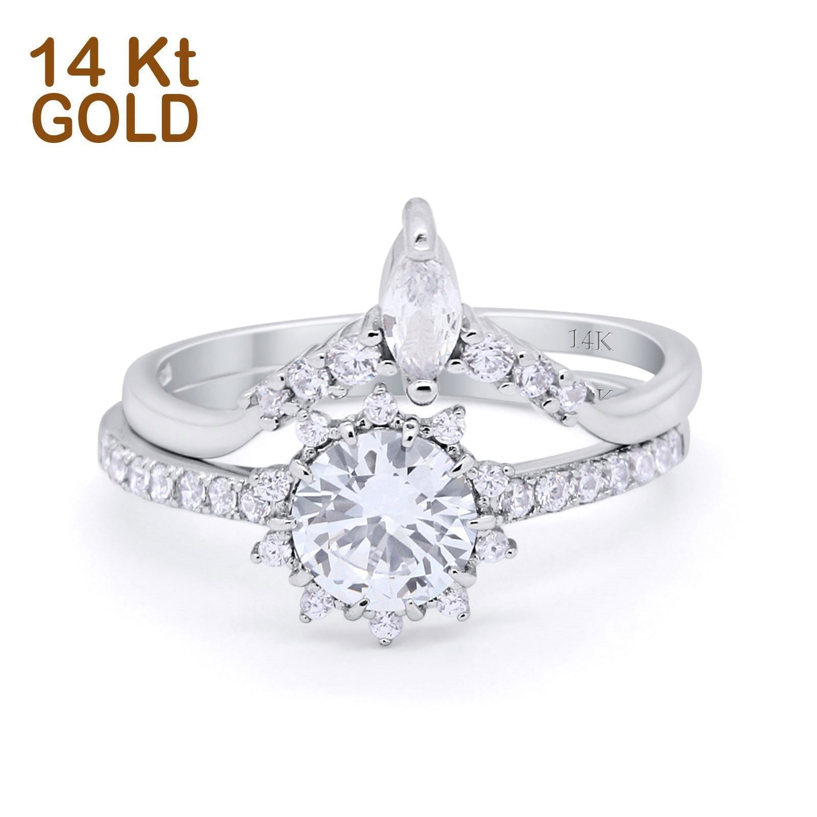 14K White Gold Two Piece Art Deco Bridal Set Ring Band Round Engagement Piece Simulated CZ Size-7