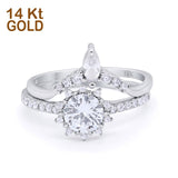14K White Gold Two Piece Art Deco Bridal Set Ring Band Round Engagement Piece Simulated CZ Size-7