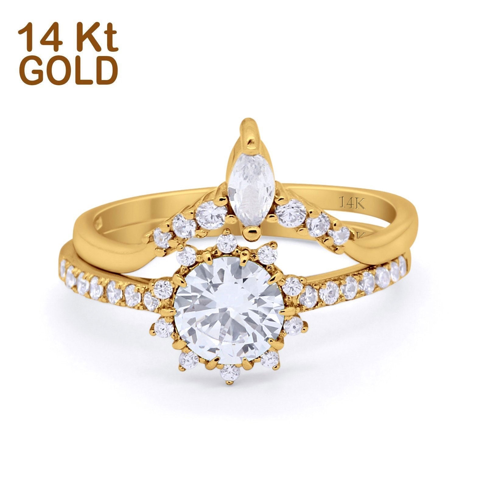 14K Yellow Gold Two Piece Art Deco Bridal Set Ring Band Round Engagement Piece Simulated CZ Size-7