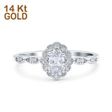 14K White Gold Halo Art Deco Oval Bridal Simulated CZ Wedding Engagement Ring Size-7