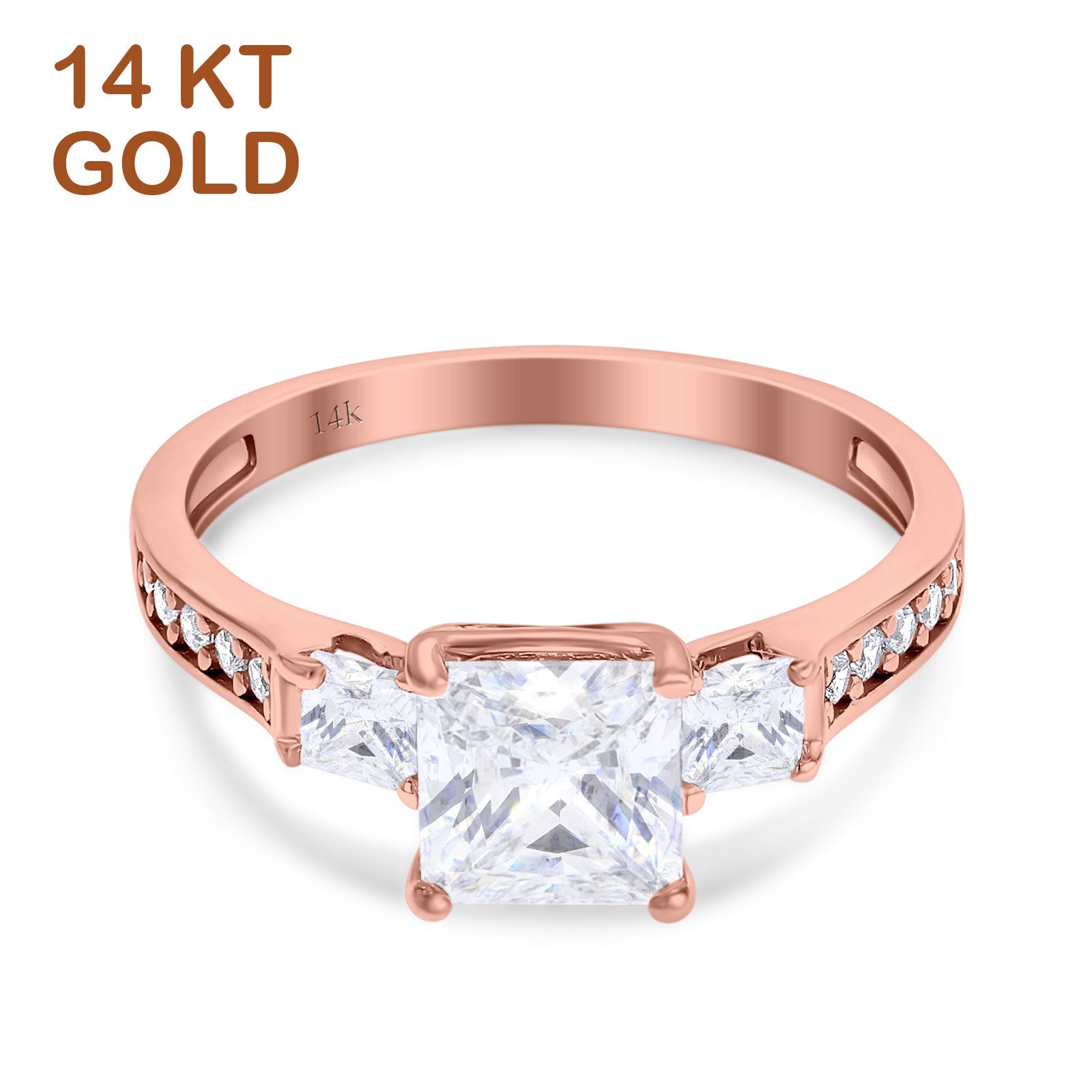 14K Rose Gold Princess Cut Art Deco Bridal Simulated CZ Wedding Engagement Ring Size 7