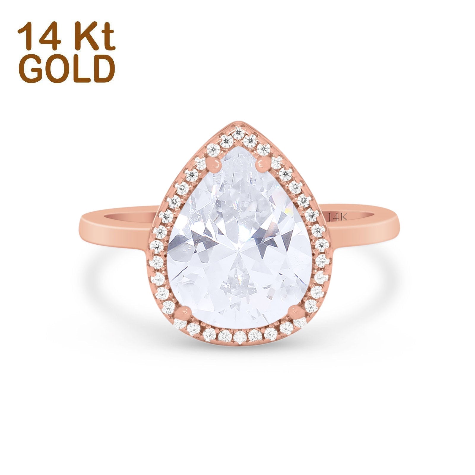 14K Rose Gold Halo Teardrop Pear Bridal Simulated CZ Wedding Engagement Ring Size 7