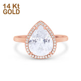 14K Rose Gold Halo Teardrop Pear Bridal Simulated CZ Wedding Engagement Ring Size 7