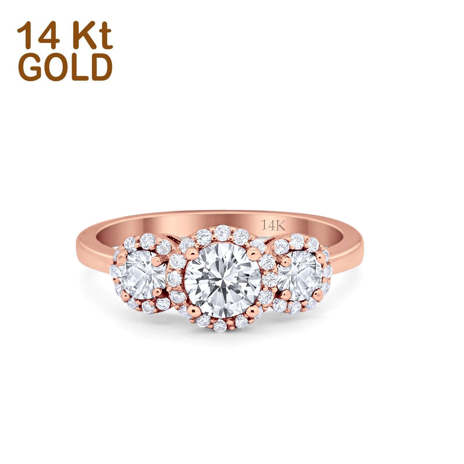 14K Rose Gold Round Three Stone Bridal Simulated CZ Wedding Engagement Ring Size-7