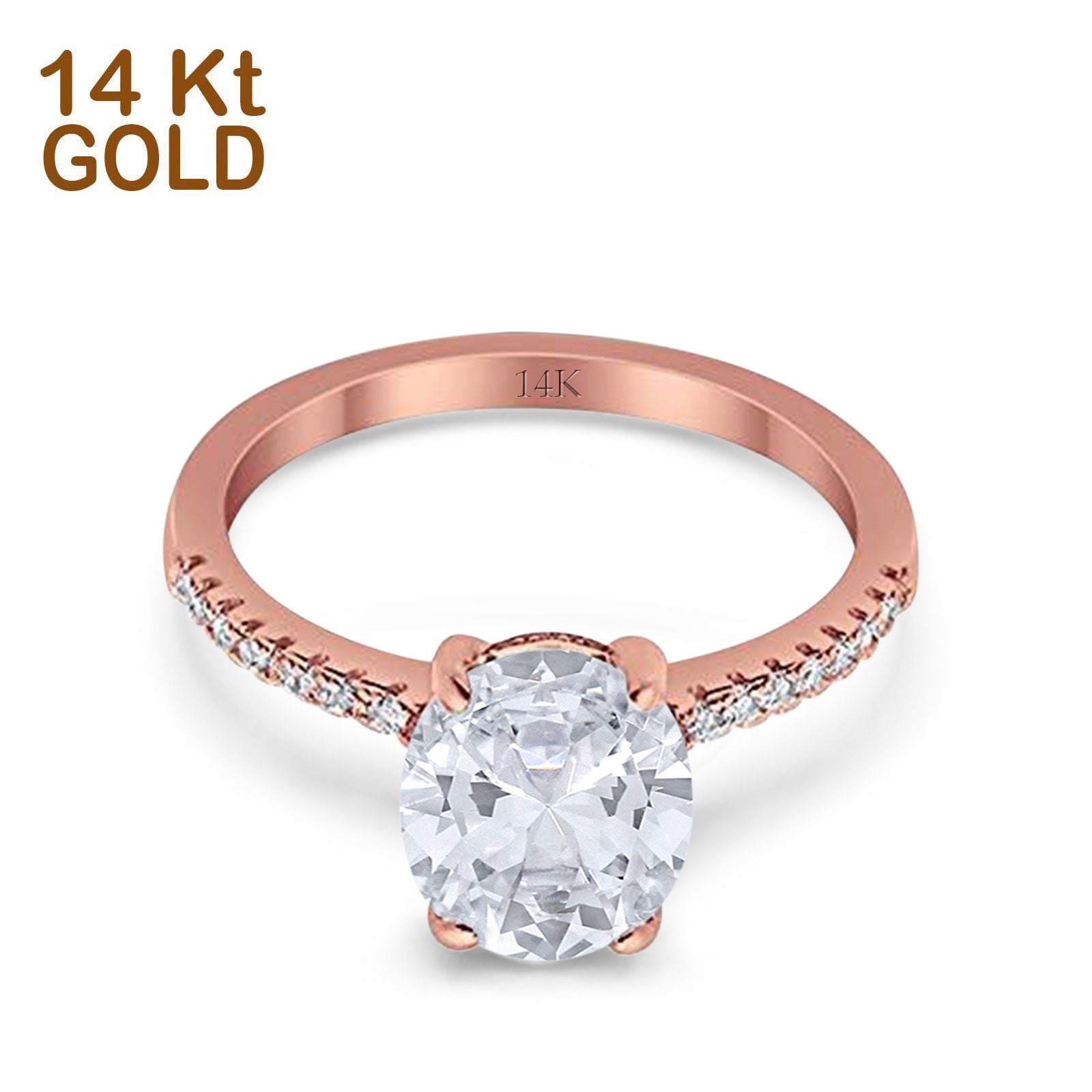 14K Rose Gold Halo Oval Split Shank Wedding Ring Simulated Cubic Zirconia Size-7