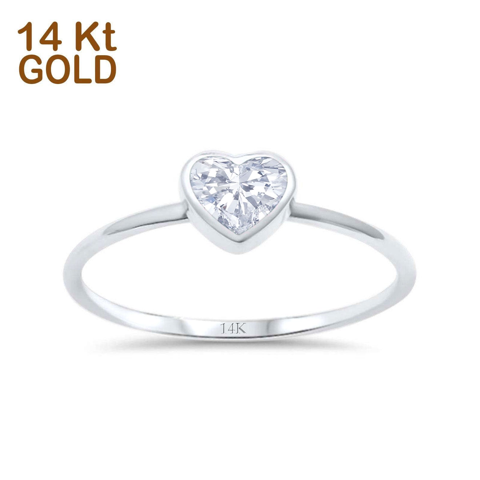 14K White Gold Solitaire Heart Promise Ring Bridal Simulated CZ Wedding Engagement Size 7