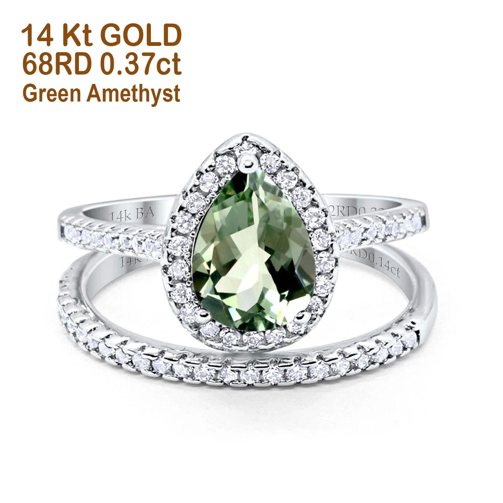 14K White Gold 1.62ct Pear 8mmx6mm G SI Natural Green Amethyst Diamond Bridal Engagement Wedding Ring Size 6.5