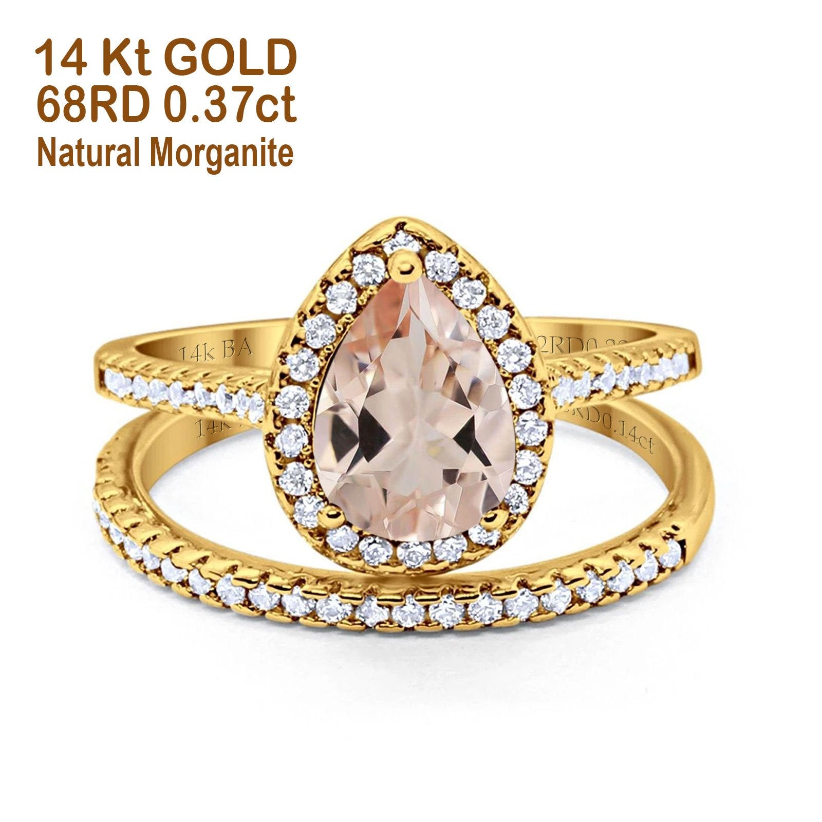 14K Yellow Gold 1.62ct Pear 8mmx6mm G SI Natural Morganite Diamond Bridal Engagement Wedding Ring Size 6.5