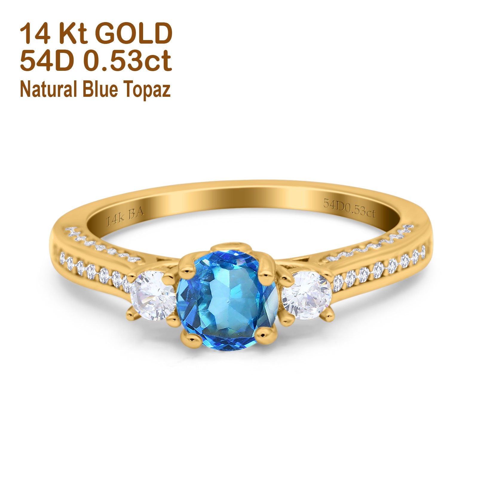 14K Yellow Gold 1.37ct Round Three Stone Vintage 6mm G SI Natural Blue Topaz Diamond Engagement Wedding Ring Size 6.5