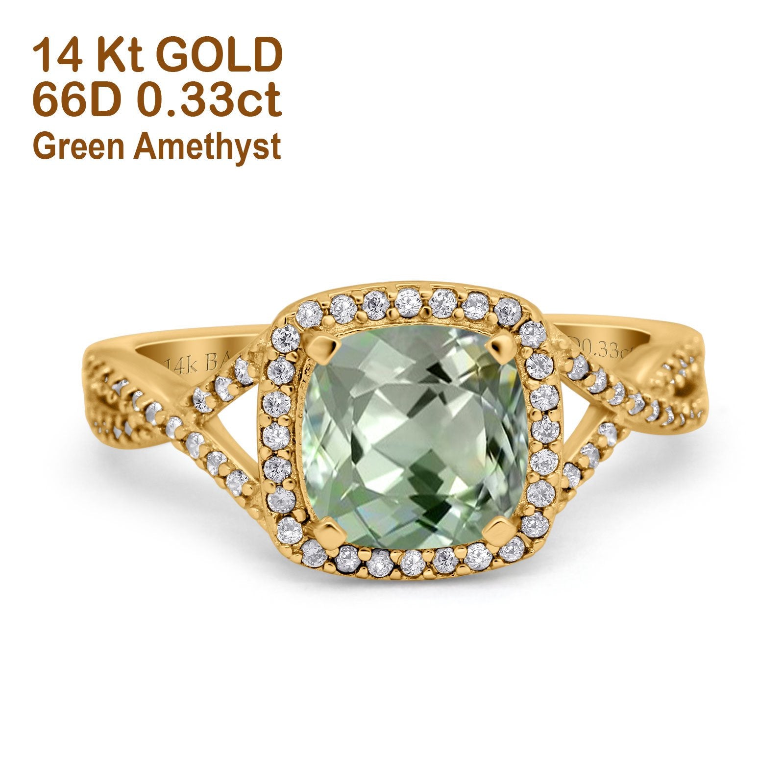 14K Yellow Gold 2.37ct Cushion Infinity Shank 8mm G SI Natural Green Amethyst Diamond Engagement Wedding Ring Size 6.5