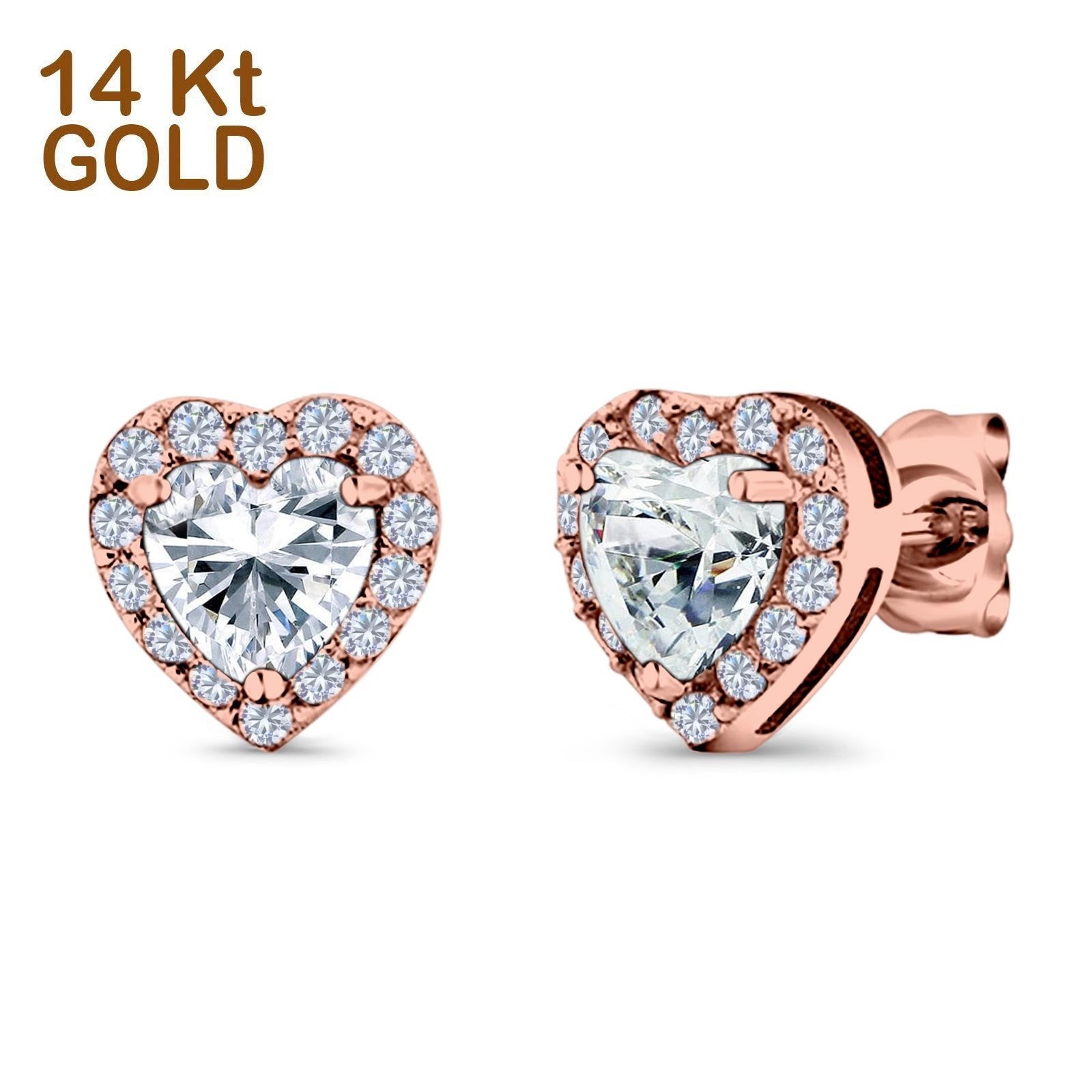 14K Rose Gold Heart Shape Wedding Stud Earrings Simulated Cubic Zirconia (10mm)