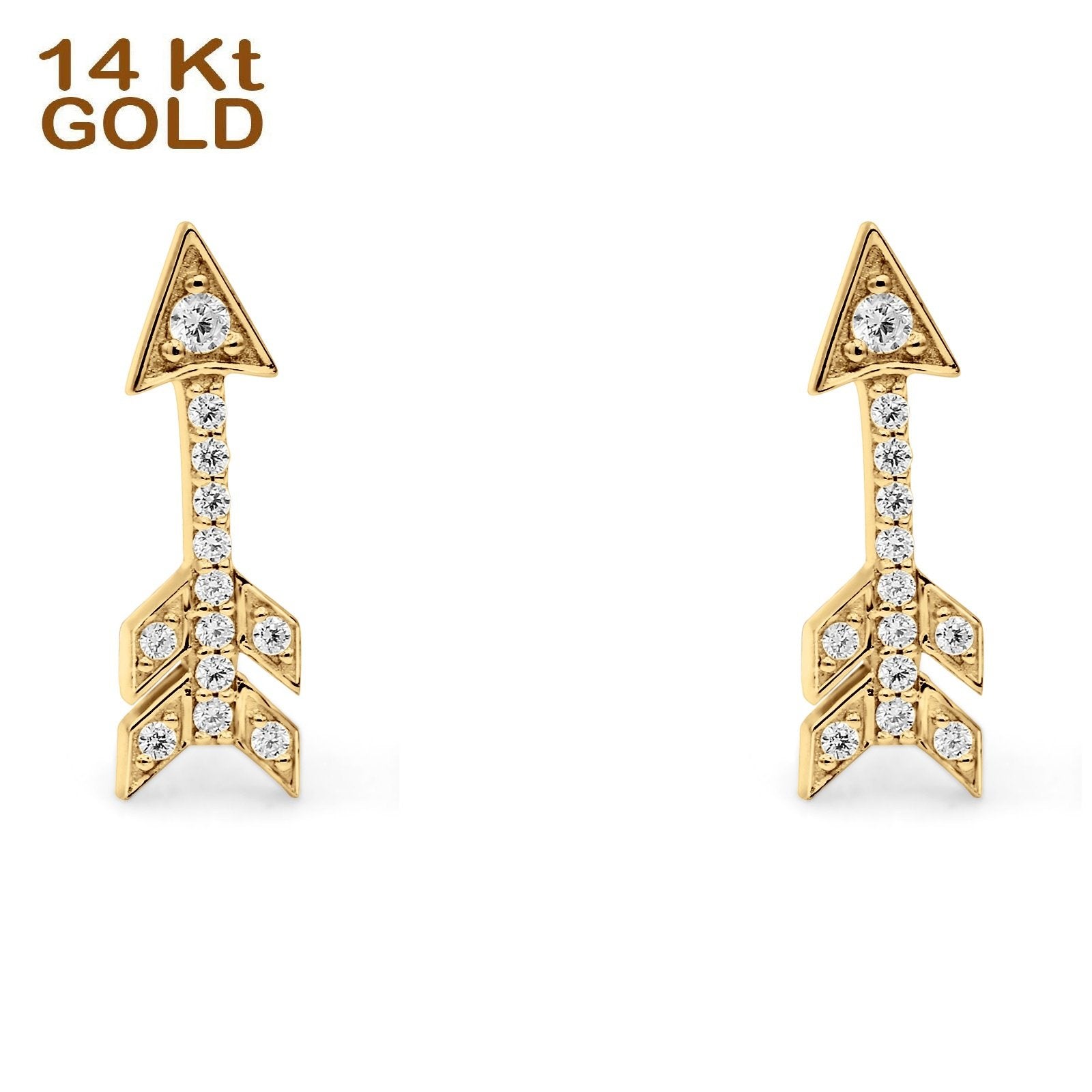 14K Yellow Gold Solid Arrow Love Studs Earring Cubic Zirconia Best Birthday Or Anniversary Gift