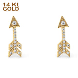 14K Yellow Gold Solid Arrow Love Studs Earring Cubic Zirconia Best Birthday Or Anniversary Gift