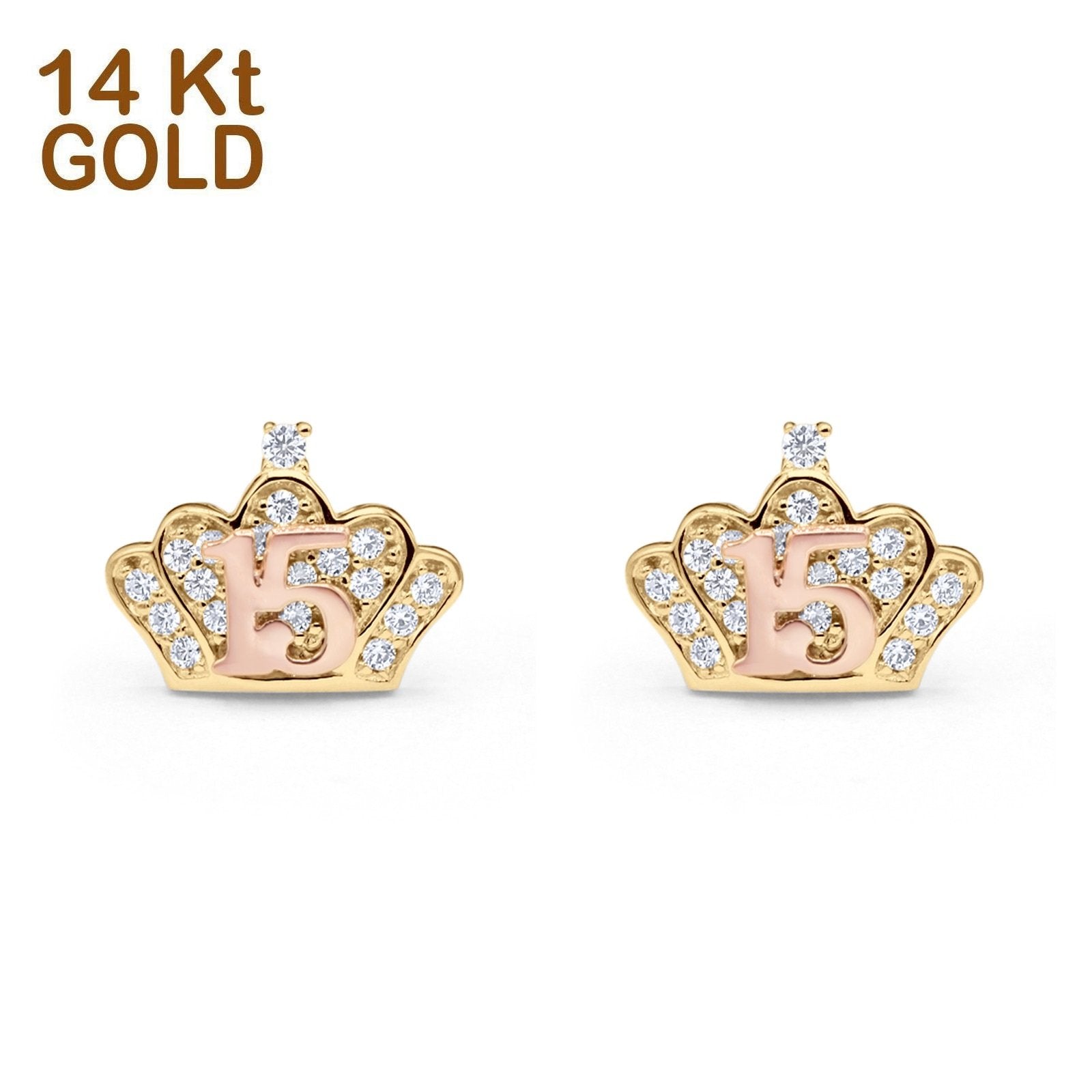 14K Two Tone Gold Solid Micropave Crown Post Tiny Studs Earring Best 15th Birthday Or Anniversary Gift