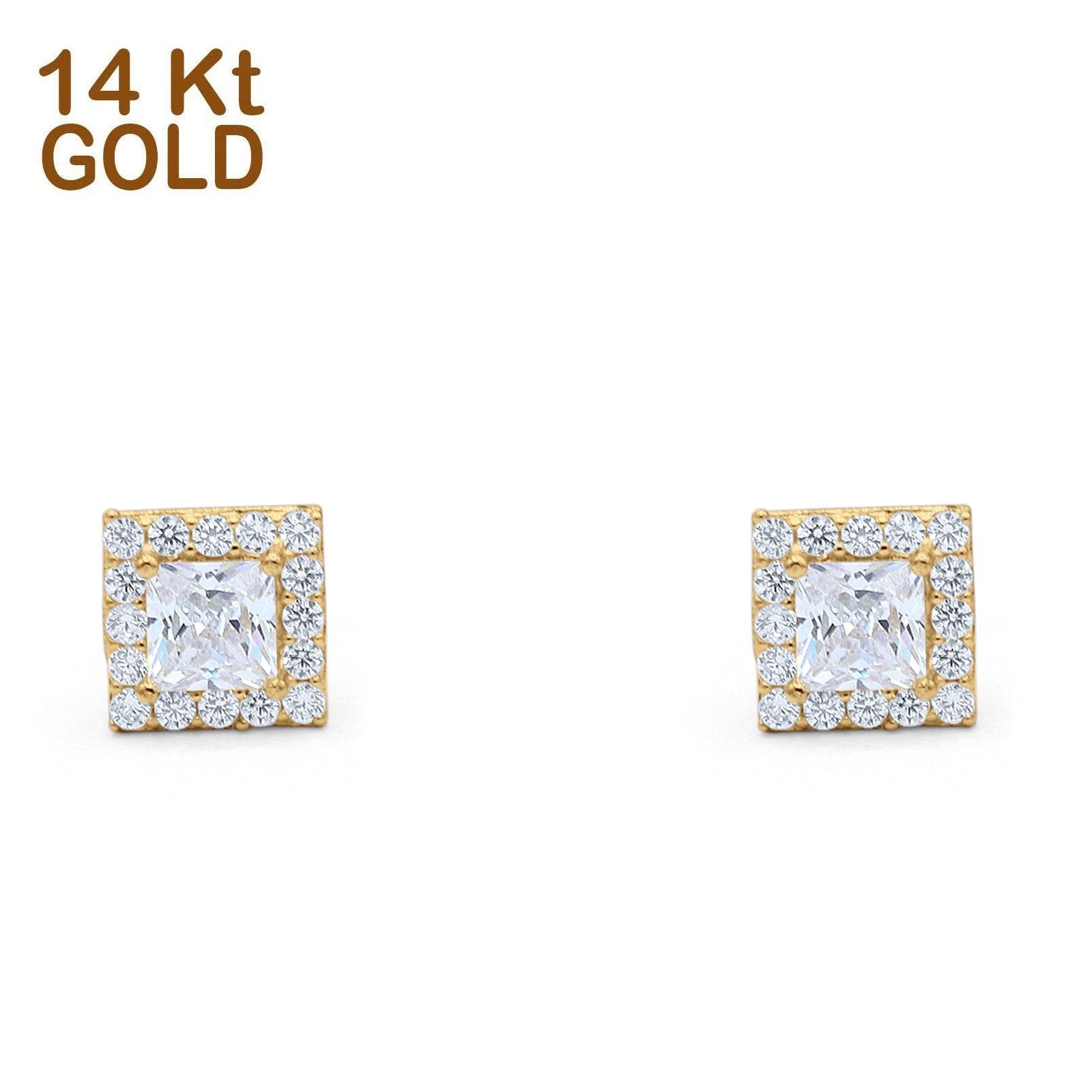 14K Yellow Gold Solid Princess Cut Studs Earring for Women and Girls