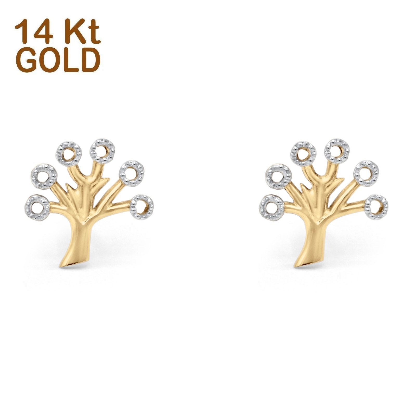 14K Gold Two Tone Solid Tree Tiny Studs Earring for Women and Girls
