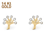 14K Gold Two Tone Solid Tree Tiny Studs Earring for Women and Girls
