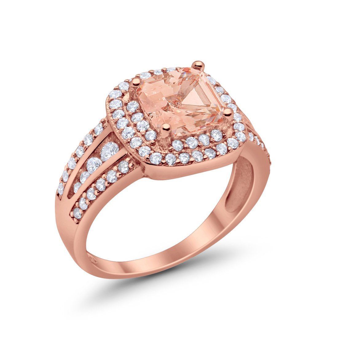 Halo Art Deco Wedding Ring Rose Tone, Simulated Morganite CZ 925 Sterling Silver