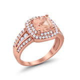 Halo Art Deco Wedding Ring Rose Tone, Simulated Morganite CZ 925 Sterling Silver