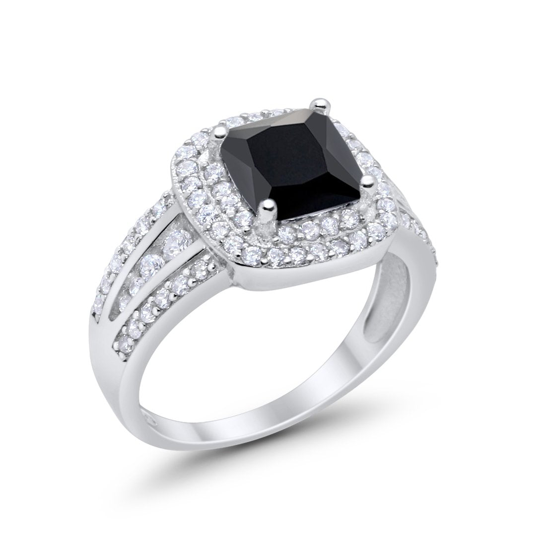 Halo Wedding Ring Princess Simulated Black CZ 925 Sterling Silver