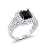 Halo Wedding Ring Princess Simulated Black CZ 925 Sterling Silver